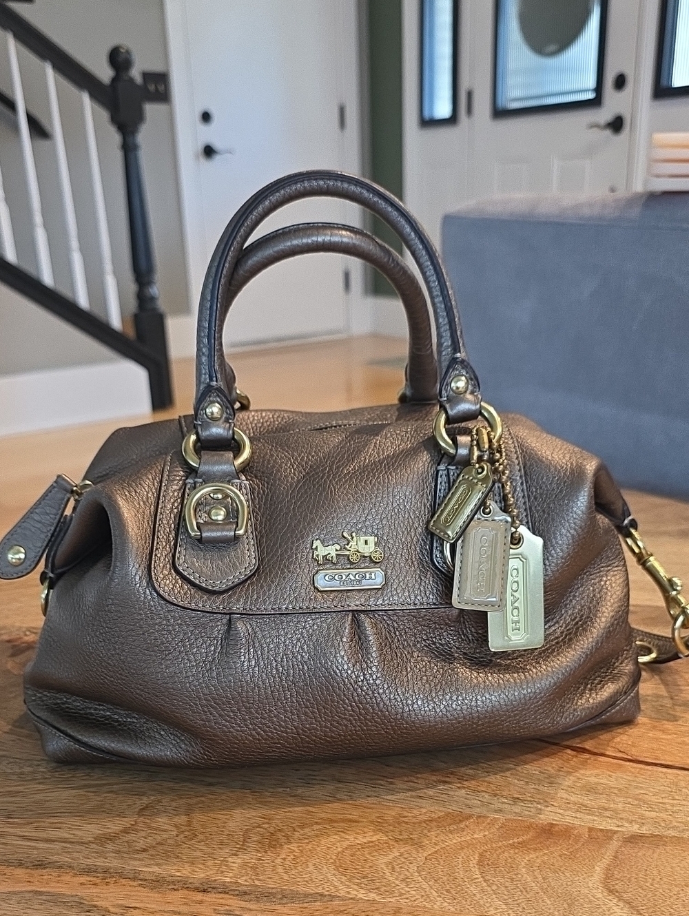 Coach Madison Metallic Bronze Leather Satchel Bag with Gold Hardware